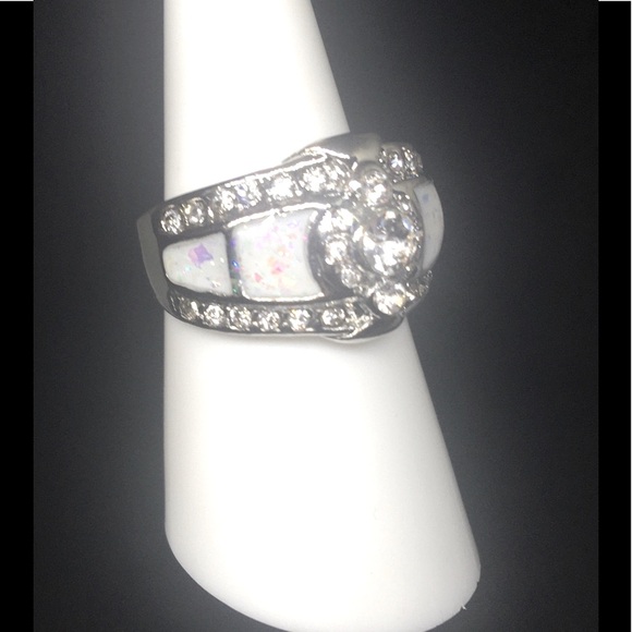 SS Vintage Style Fire White Opal Diamond Ring - Picture 2 of 4
